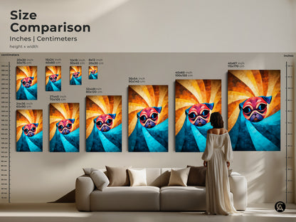 Size comparison of abstract geometric pug art. The artwork is available in multiple sizes. See how this unique dog wall decor will fit in your living room. The canvas art adds a modern touch to any space. Perfect gift for pet lovers.