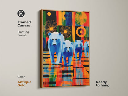 Antique gold framed canvas print featuring a geometric polar bear family. This modern wall art combines teal orange and blue colors in an abstract style. Perfect for contemporary homes or offices. A unique and artistic housewarming gift option. It enhances any space.