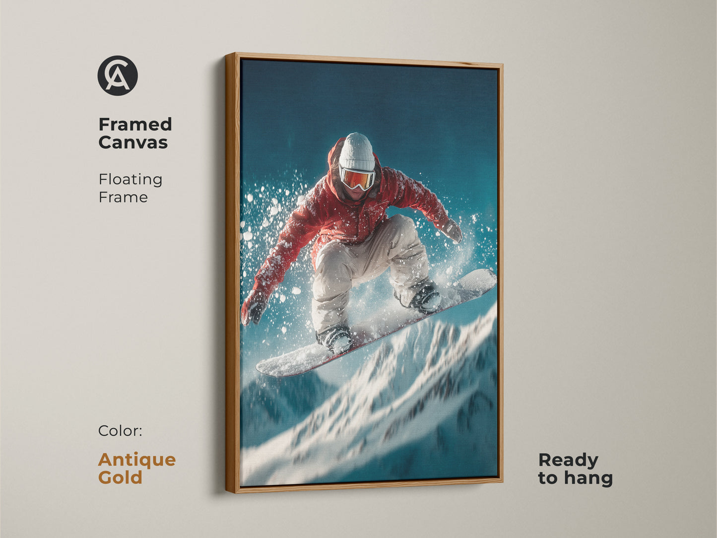 An antique gold floating frame enhances this vibrant canvas art. The artwork features a snowboarder in a dynamic pose and is ready to hang. The piece brings a touch of elegance and adventure to any room's decor.