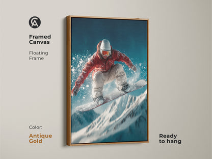 An antique gold floating frame enhances this vibrant canvas art. The artwork features a snowboarder in a dynamic pose and is ready to hang. The piece brings a touch of elegance and adventure to any room's decor.