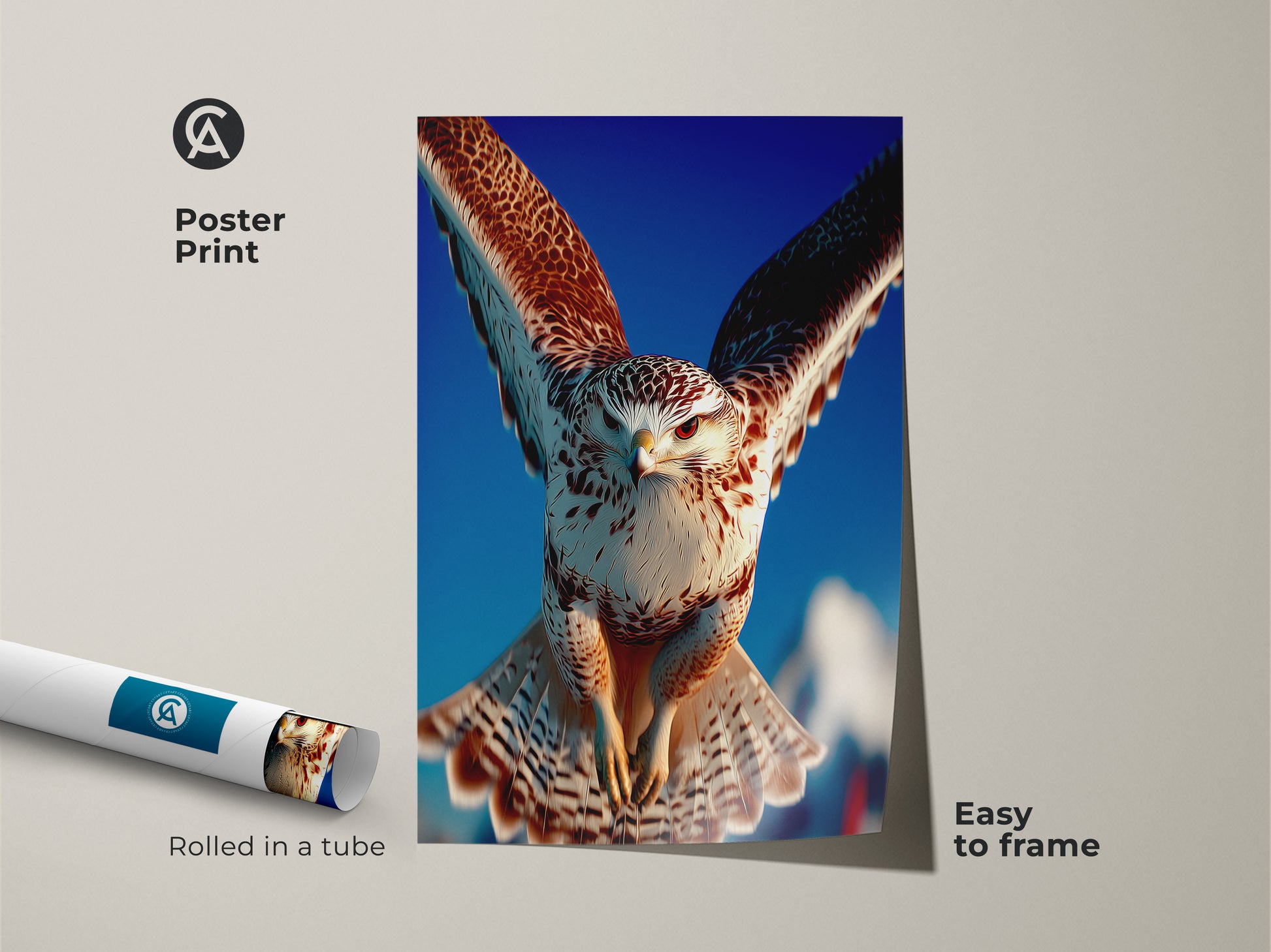 Experience the thrill of falcon hunting with this stunning poster print. Rolled in a tube it's easy to frame. The bird of prey artwork features a realistic falcon against a blue sky perfect for nature enthusiasts wild animal art collection.