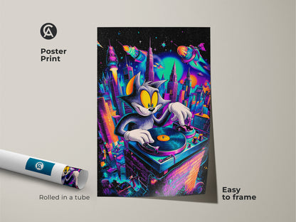 Poster print of Tom and Jerry DJ art. Rolled in a tube and easy to frame. This colorful artwork shows Tom cat as a DJ in a vibrant city. Perfect for adding a playful and modern touch to your walls. Great for cartoon and music enthusiasts.