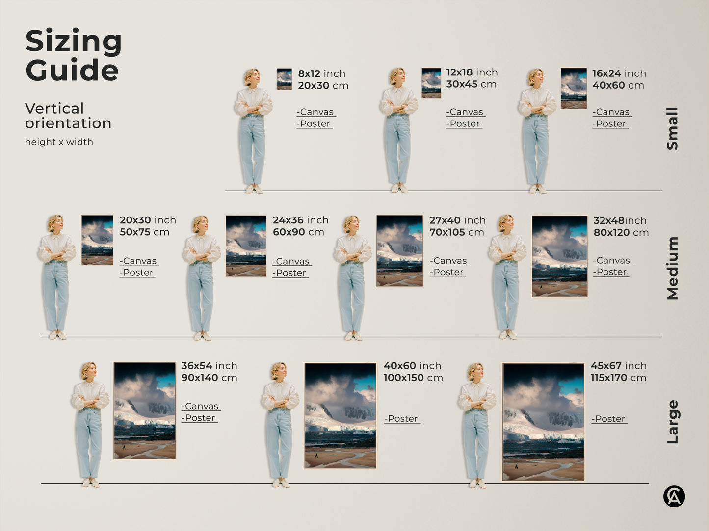 Sizing Guide showcasing vertical orientation height and width of Antarctica Landscape Photography.  Available as Canvas or Poster in sizes Small Medium and Large perfect for minimalist home decor