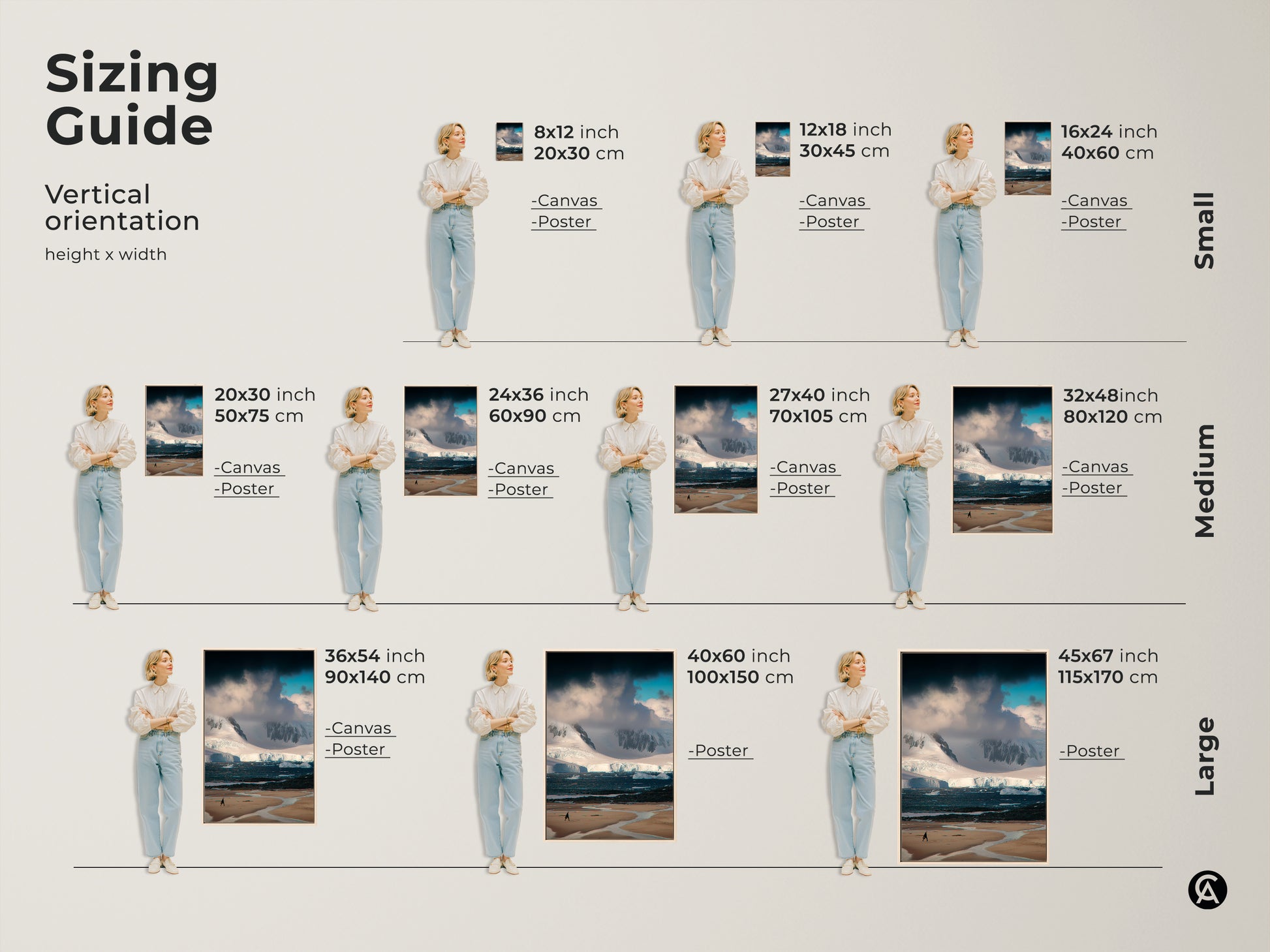 Sizing Guide showcasing vertical orientation height and width of Antarctica Landscape Photography.  Available as Canvas or Poster in sizes Small Medium and Large perfect for minimalist home decor