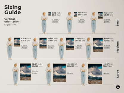 Sizing Guide showcasing vertical orientation height and width of Antarctica Landscape Photography.  Available as Canvas or Poster in sizes Small Medium and Large perfect for minimalist home decor