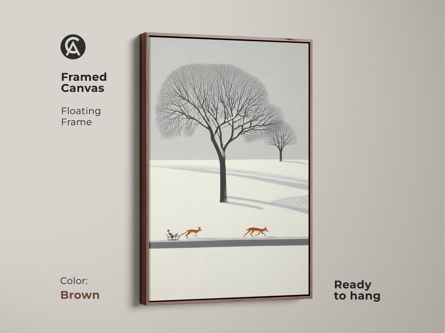 Framed canvas in brown of a minimalist winter landscape wall art. The deer are pulling a sleigh in this artwork. Scandinavian nature artwork makes for cozy bedroom wall decor. A Christmas gift for nature lovers. This winter scene art print features flat design. A snow landscape canvas in Nordic style home decor.