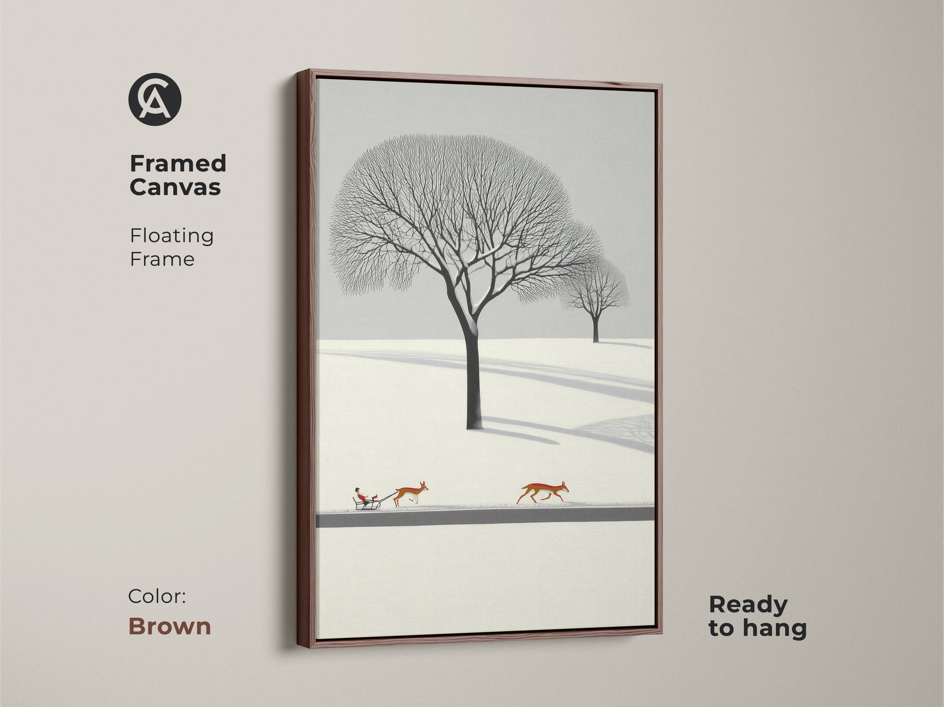 Framed canvas in brown of a minimalist winter landscape wall art. The deer are pulling a sleigh in this artwork. Scandinavian nature artwork makes for cozy bedroom wall decor. A Christmas gift for nature lovers. This winter scene art print features flat design. A snow landscape canvas in Nordic style home decor.