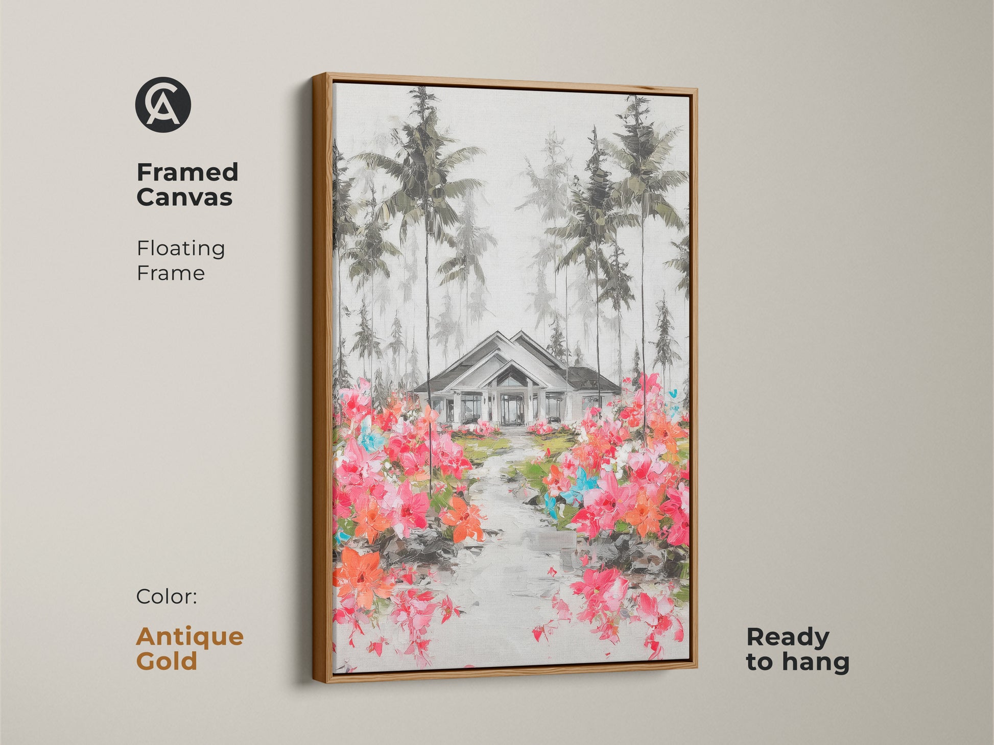 Framed in antique gold this canvas artwork features a quaint house surrounded by pine trees. This floating frame art print is ready to hang. The blooming path of pink and orange flowers adds a splash of color. The impressionistic style enhances this perfect gift for a new house.
