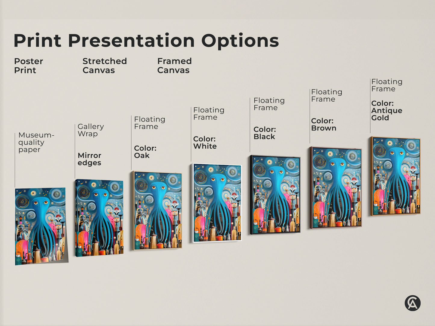 Explore print presentation options featuring the teal orange octopus coffee artwork. Choose from poster prints stretched canvas or framed canvas. Options include museum-quality paper gallery wrap mirror edges and floating frames. Frame colors range from oak white black brown to antique gold. Perfect for eclectic and retro home decor.