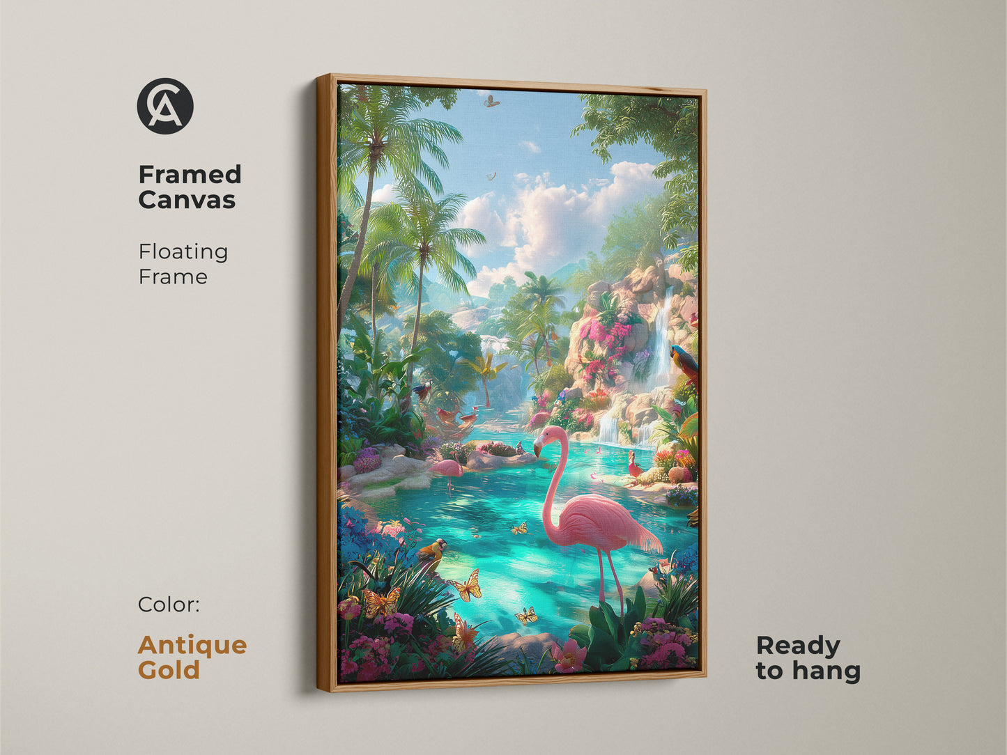 Framed canvas with an antique gold floating frame showcasing flamingo art. The artwork features a pink flamingo in a tropical lagoon. This ready-to-hang piece adds a luxurious touch to any room
