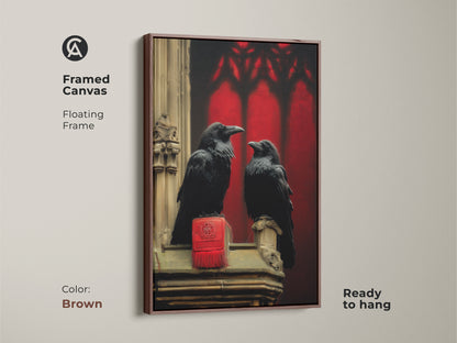 Framed Canvas featuring a Gothic Arch Raven with a brown floating frame. This dark academia canvas print adds a gothic touch. The raven artwork provides gothic occult wall art option.