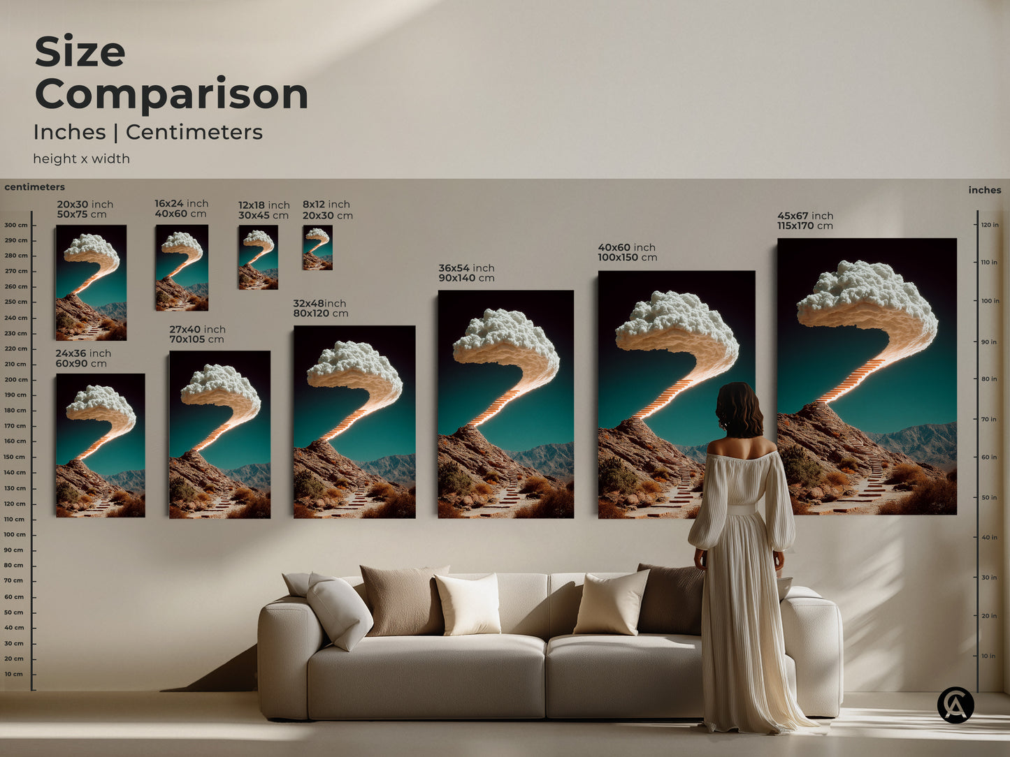 Size comparison for surreal stairway canvas art in inches and centimeters. This presents a visual art guide. It showcases art dimensions for various print sizes. This will transform your living room.
