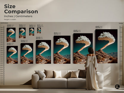 Size comparison for surreal stairway canvas art in inches and centimeters. This presents a visual art guide. It showcases art dimensions for various print sizes. This will transform your living room.
