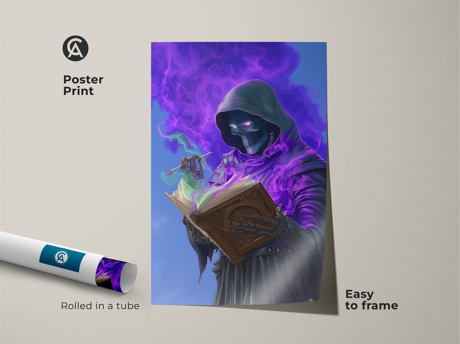 Poster print of a skeleton wizard engrossed in a spellbook. This dark fantasy wall art features a gothic wizard surrounded by purple magic. Easy to frame and perfect for adding an eclectic touch to your gamer den.