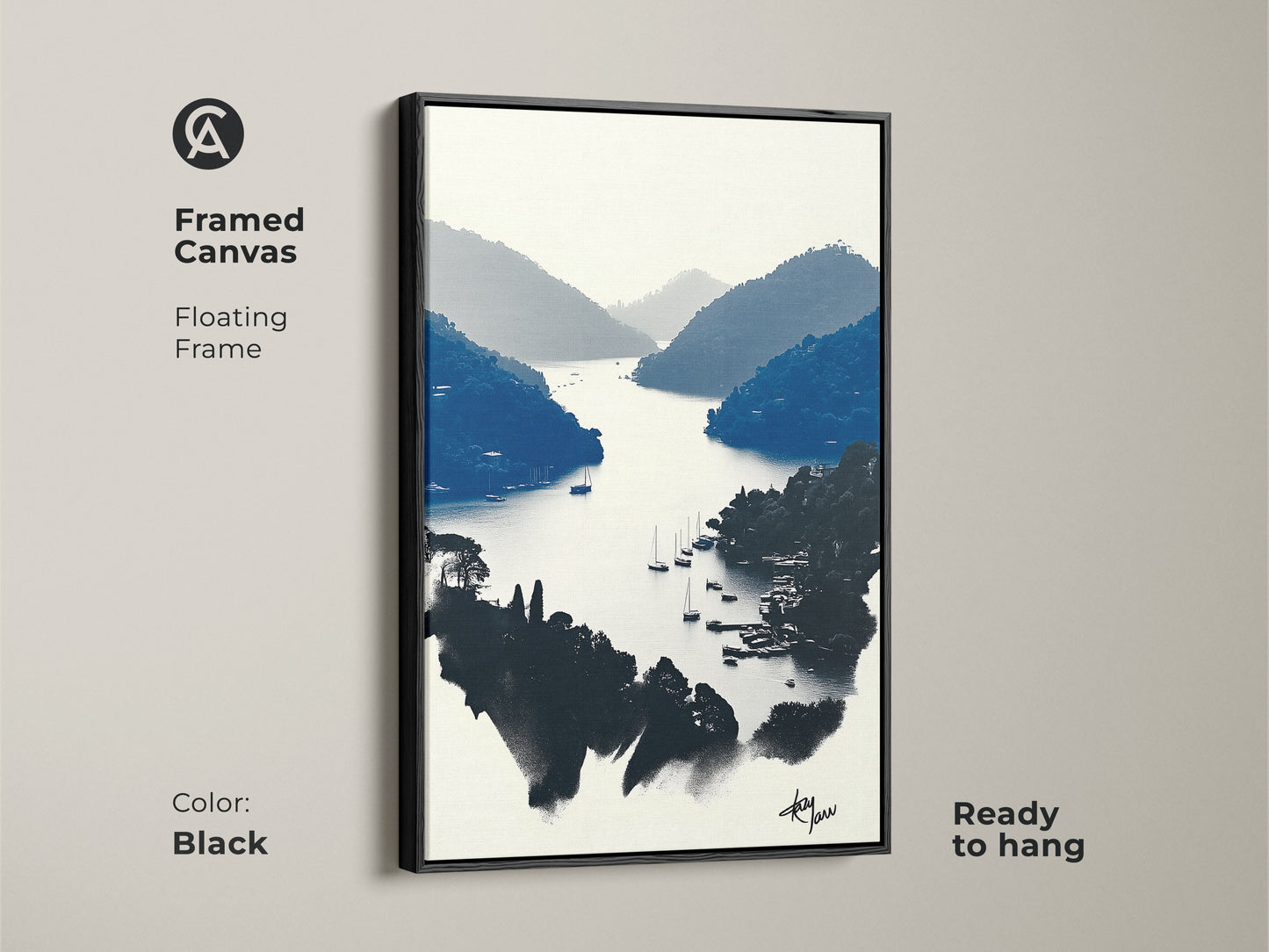 Framed in sleek black this is contemporary travel art. It's a minimalist coastal art print. The nautical home decor piece features a serene boating scene canvas. This modern blue and white art is ready to hang. Enhance your living space with this art print.