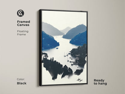 Framed in sleek black this is contemporary travel art. It's a minimalist coastal art print. The nautical home decor piece features a serene boating scene canvas. This modern blue and white art is ready to hang. Enhance your living space with this art print.
