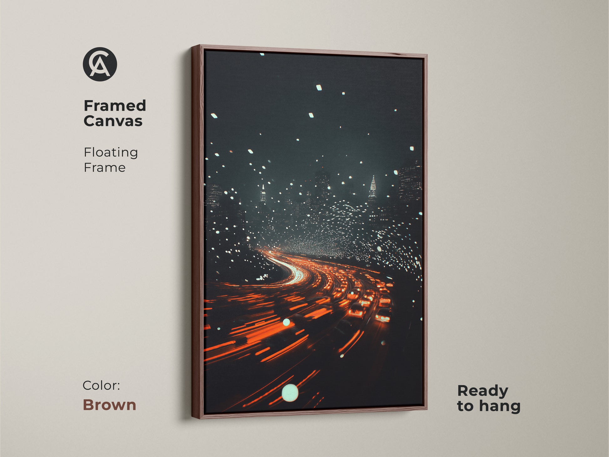 Framed Canvas with a floating frame displaying a cityscape wall decor. The brown frame complements the orange and red city art. Nightlife skyline canvas brings life to your home. This urban night traffic canvas is ready to hang.