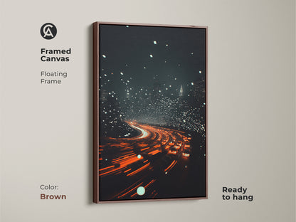 Framed Canvas with a floating frame displaying a cityscape wall decor. The brown frame complements the orange and red city art. Nightlife skyline canvas brings life to your home. This urban night traffic canvas is ready to hang.