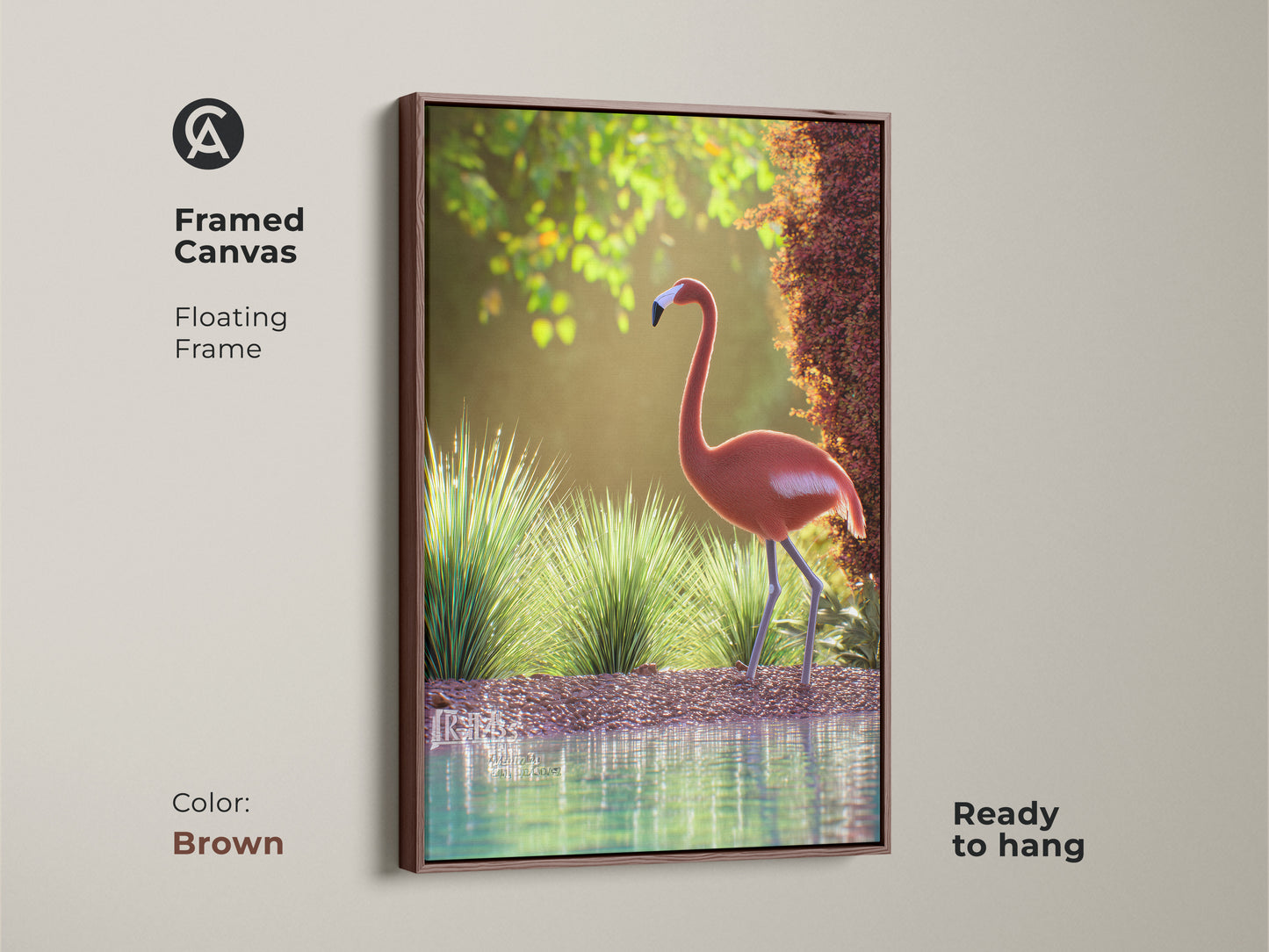 Framed canvas featuring a pink flamingo in a natural setting with a brown floating frame. This wildlife artwork is ready to hang bringing coastal charm to any room. The tranquil scene brings the beauty of nature indoors. Ideal for bedrooms living rooms or coastal themed spaces. A perfect piece for bird lovers.