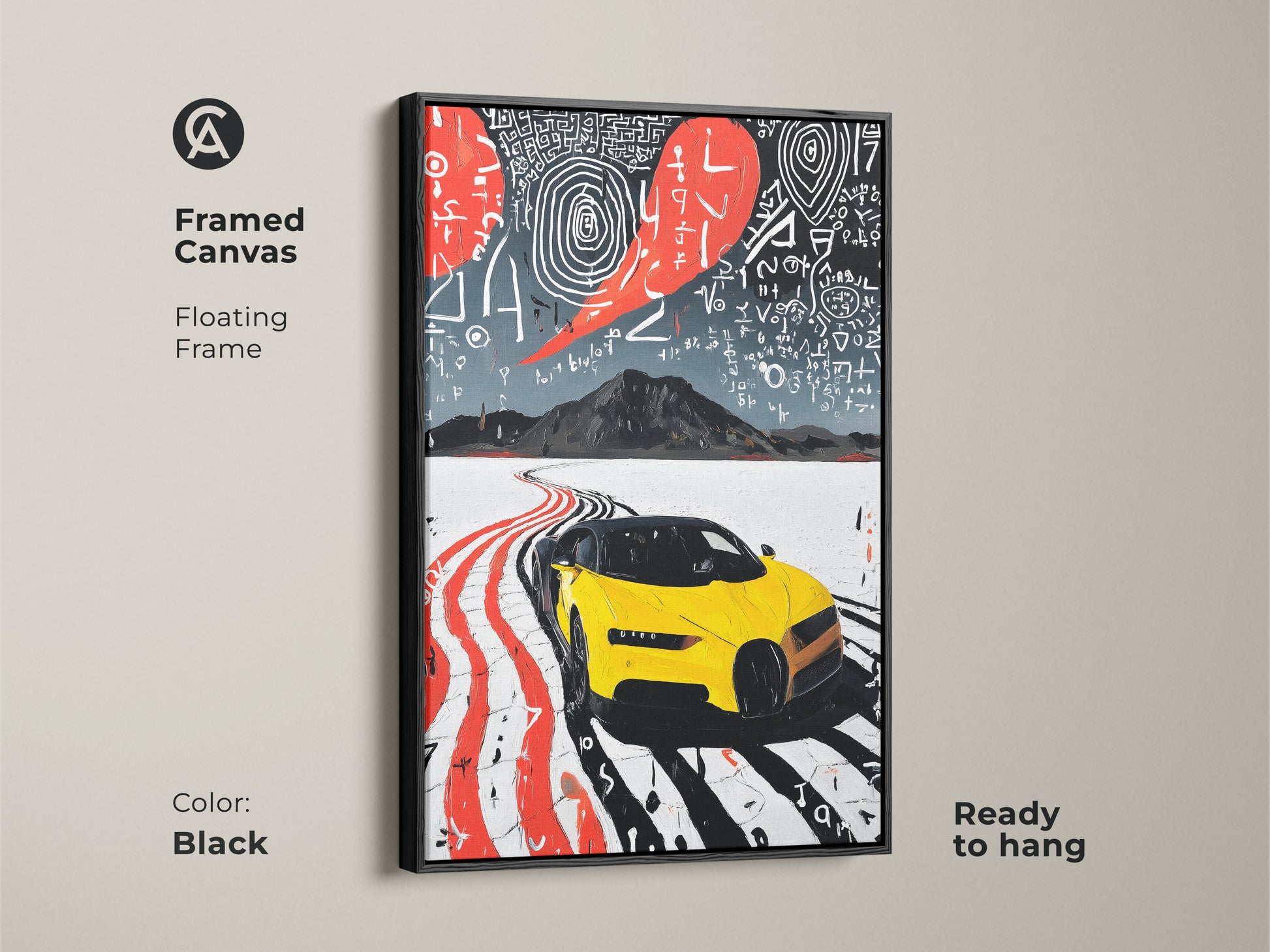This framed canvas showcases modern yellow sports car art. The black floating frame adds sophistication. This contemporary office artwork makes a great gift for car enthusiasts. The abstract road trip print enhances any space. The red and white accents bring dynamic flair.