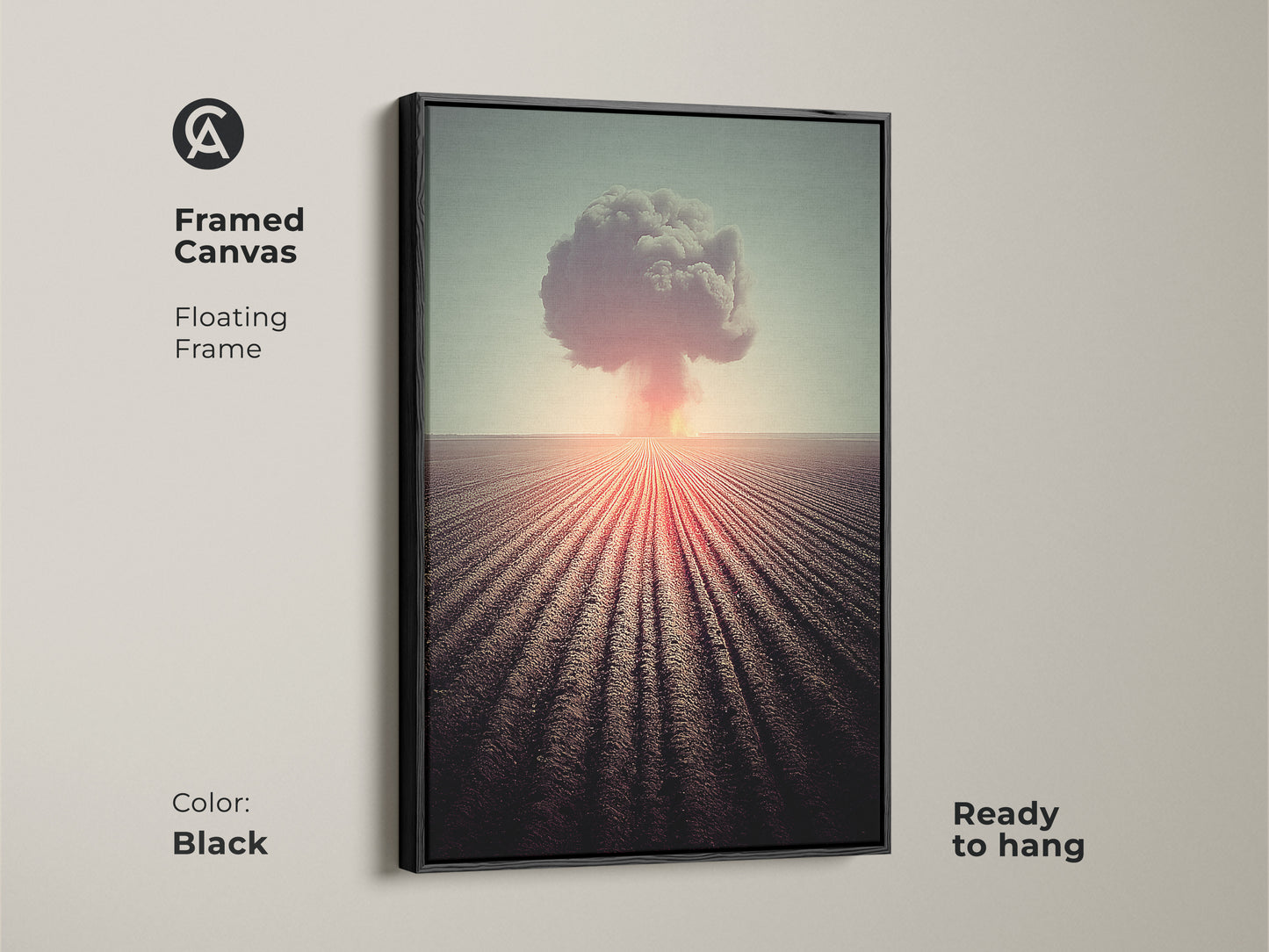 This framed canvas displays surreal nuclear explosion art. A black floating frame enhances the industrial style wall art. Orange red and teal tones create a dramatic visual. This ready-to-hang art adds an impactful element to any room. It is a perfect gift for science history lovers. The artwork sparks conversation.