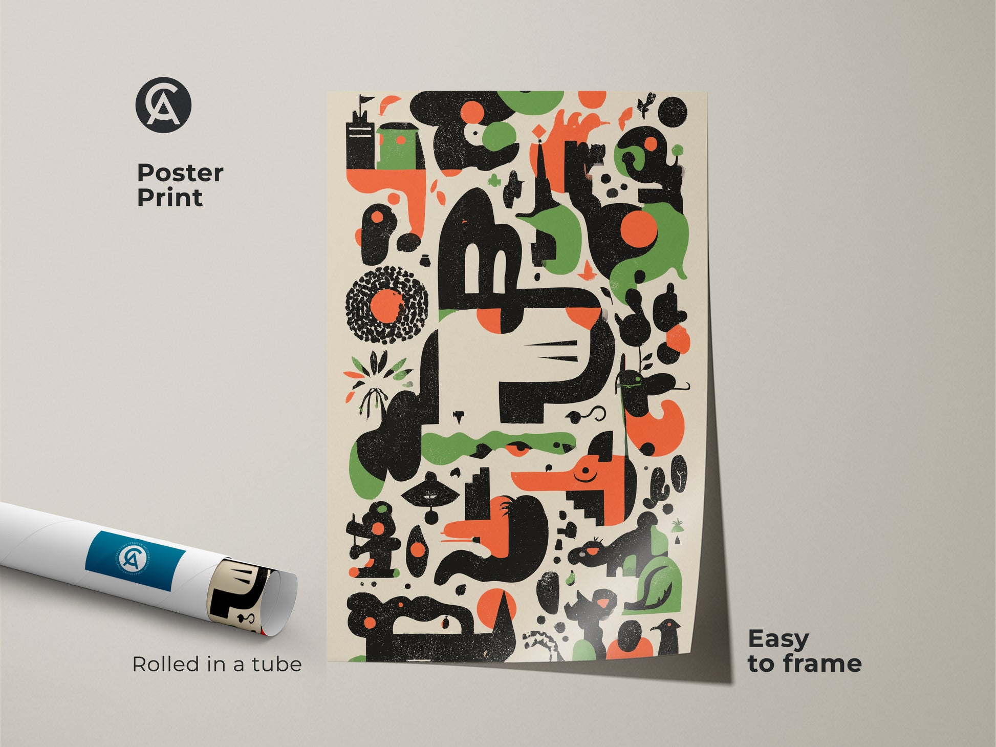 Poster Print of Abstract Geometric Artwork. This Retro art features an Orange Green Black Animal Motif. Easy to frame and rolled in a tube for protection. Perfect for adding a touch of Mid-Century Modern style to any space.
