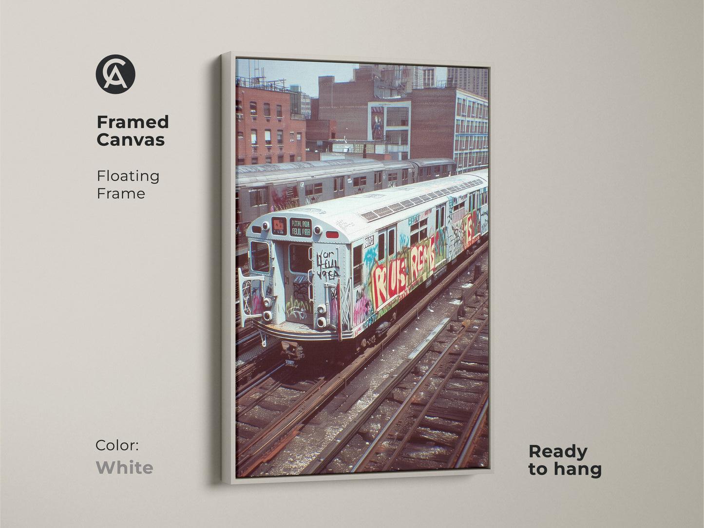 White framed canvas featuring a graffiti subway train. This urban street artwork is ready to hang. An industrial loft style wall decor with a cityscape view. Perfect as a hip hop fan gift.