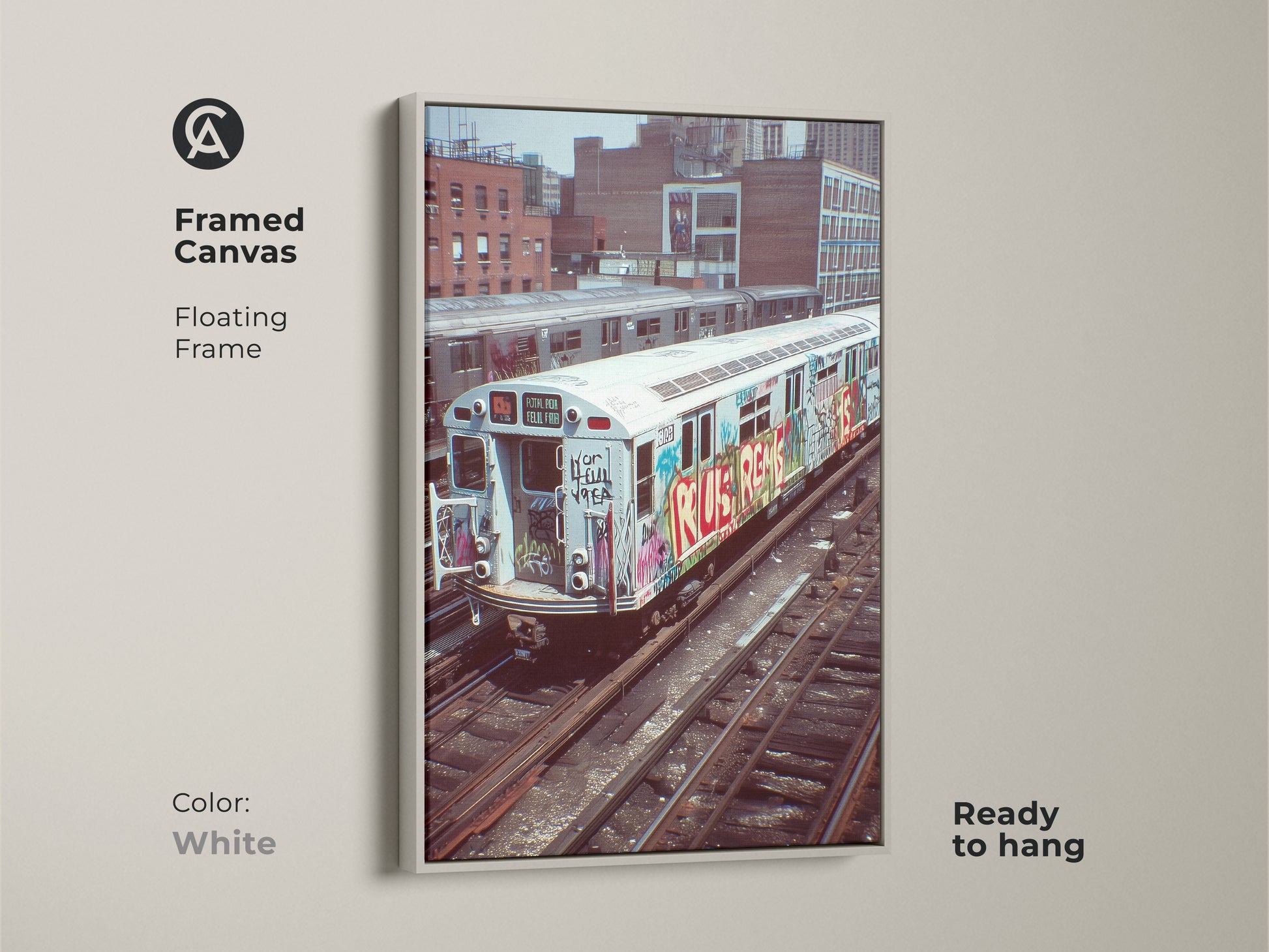 White framed canvas featuring a graffiti subway train. This urban street artwork is ready to hang. An industrial loft style wall decor with a cityscape view. Perfect as a hip hop fan gift.