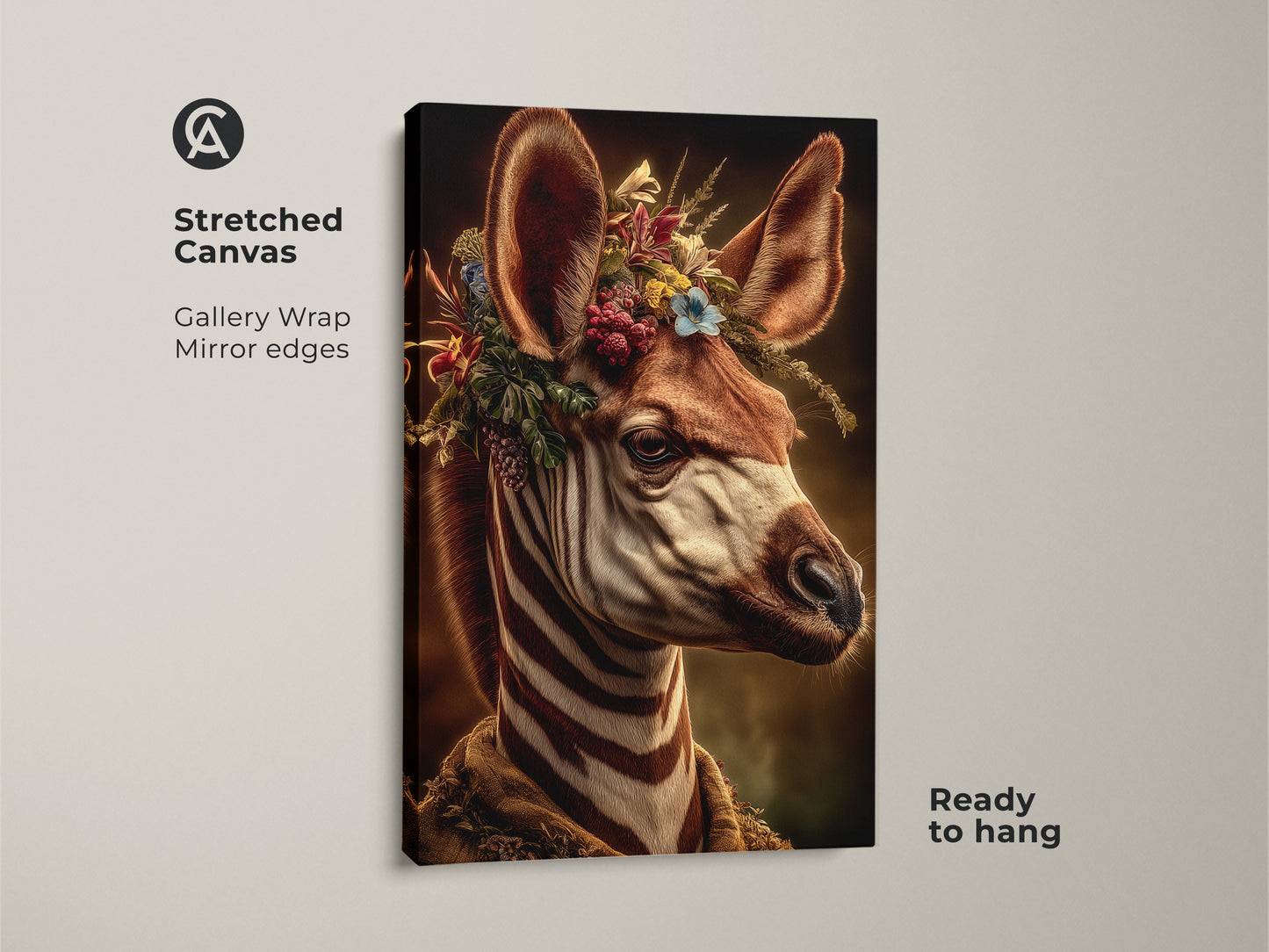 Stretched canvas of a gothic zebra portrait. The botanical crown print adds earthy tones to this dark academia wall art. Gallery wrapped with mirrored edges ready to hang. This animal with flowers art is perfect for eclectic bedroom decor. A unique gift idea for nature lovers.