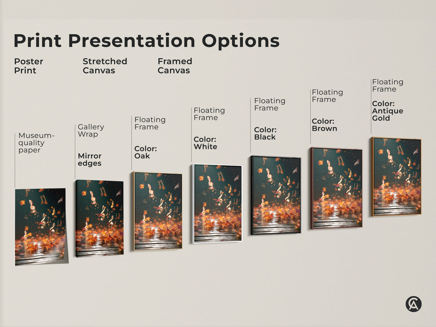 Explore print presentation options for abstract autumn music art. Choose from poster prints stretched canvas or framed canvas. Options include gallery wrap mirror edges and floating frames. Select colors like white black brown oak and antique gold. Find the perfect wall art for your style.
