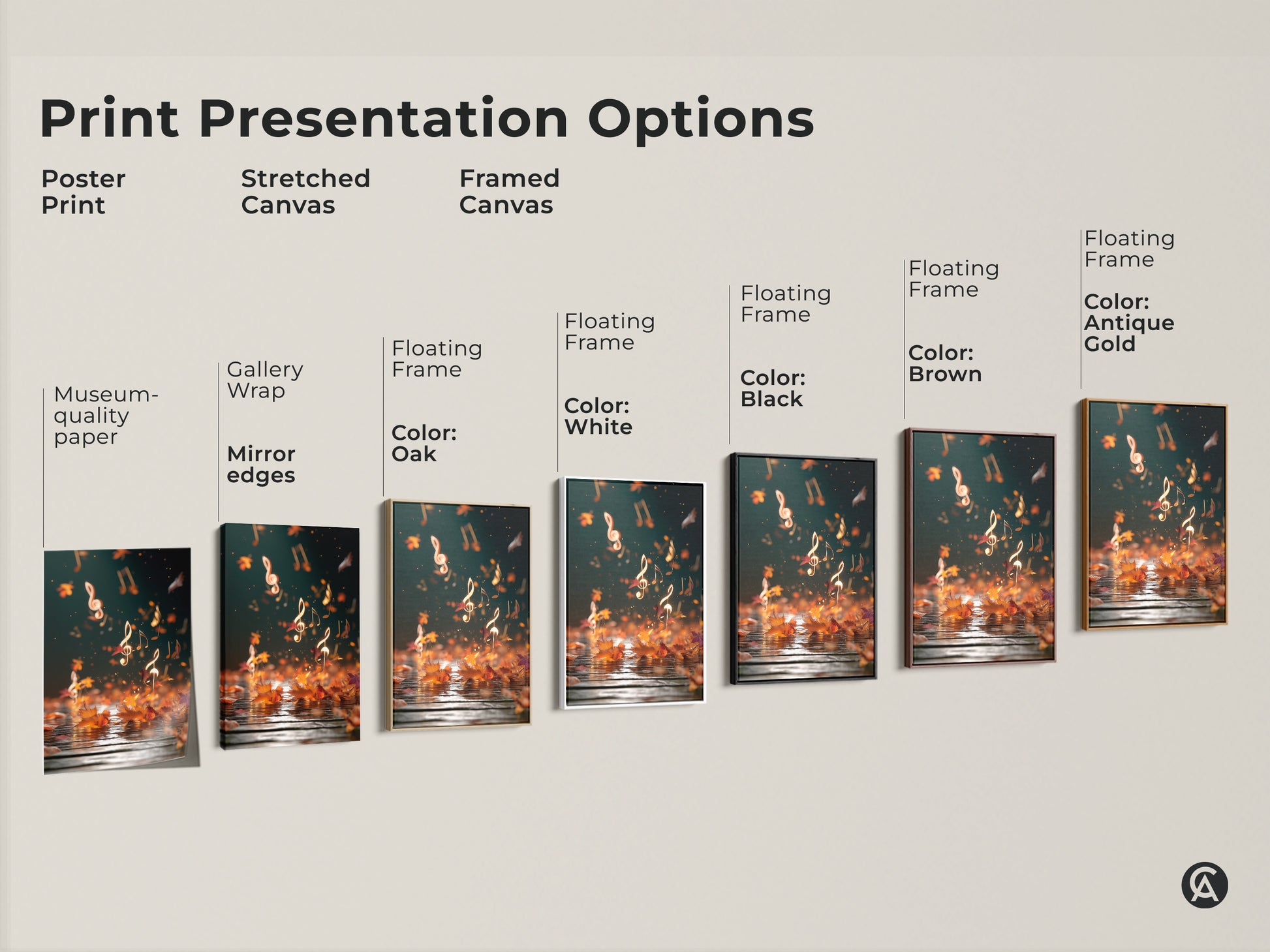 Explore print presentation options for abstract autumn music art. Choose from poster prints stretched canvas or framed canvas. Options include gallery wrap mirror edges and floating frames. Select colors like white black brown oak and antique gold. Find the perfect wall art for your style.