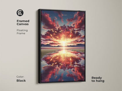 A framed canvas with a floating black frame features a sunset over mountains. This nature landscape print is ready to hang. The red orange and blue artwork adds a contemporary touch.
