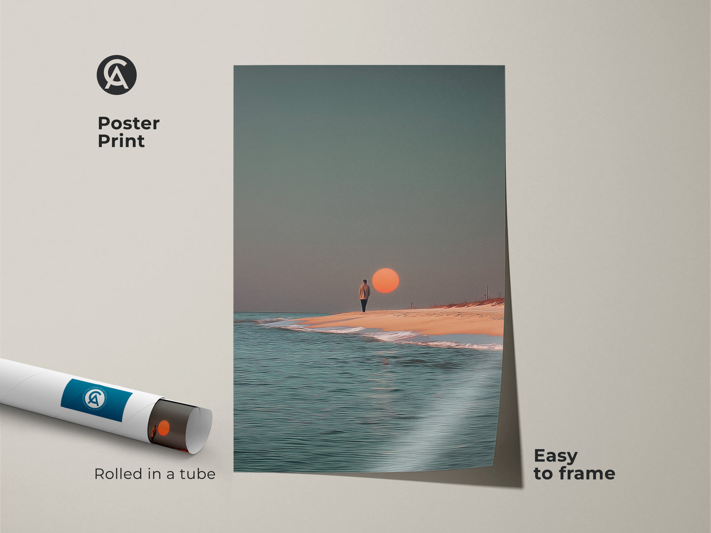 This poster print displays a surreal ocean scene with a person walking on the beach. The sunset beach artwork offers minimalist coastal home decor. The print is easy to frame and adds a touch of contemporary art to any space. Perfect for beach art lovers.