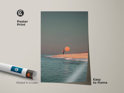 This poster print displays a surreal ocean scene with a person walking on the beach. The sunset beach artwork offers minimalist coastal home decor. The print is easy to frame and adds a touch of contemporary art to any space. Perfect for beach art lovers.