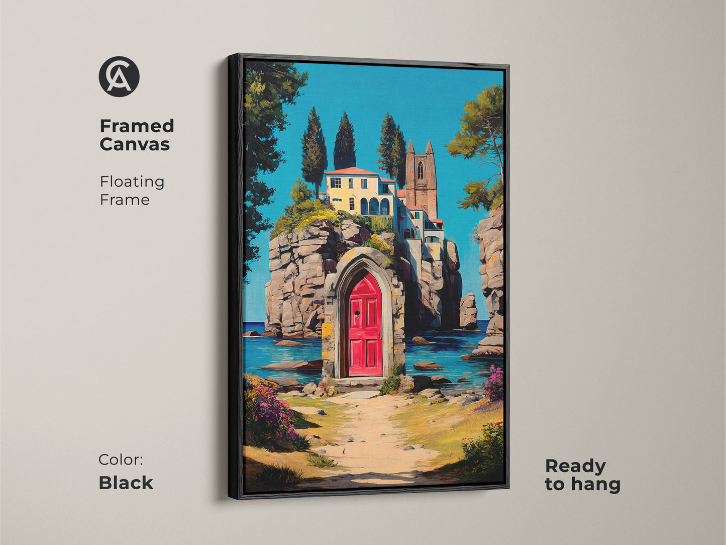 Framed canvas artwork of a Mediterranean villa with a red door on a cliff. The floating frame enhances the teal blue ocean and coastal town scene. Ready to hang this impressionistic landscape adds elegance to your home decor. A perfect housewarming gift.