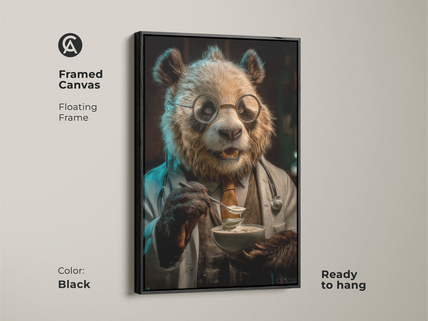 Framed black canvas of panda doctor art. This animal character art makes perfect professional office artwork. Ready to hang this whimsical office decor features a panda in a doctor's coat enjoying soup. Veterinarian gift wall art.