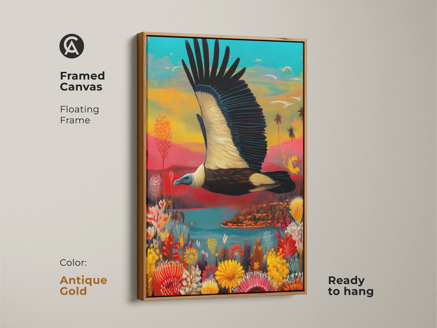 Antique gold framed canvas art featuring a vulture in tropical paradise. The colorful wildlife canvas print adds an eclectic touch. This is a fantasy landscape art piece with a unique jungle scene.