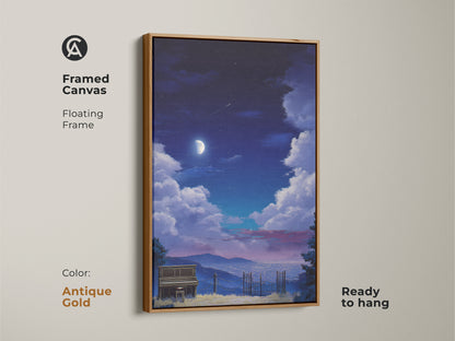 Framed canvas print of a surreal piano landscape with an indigo moon. The antique gold floating frame adds a touch of sophistication. Ready to hang for easy setup. Perfect for eclectic bedroom decor. A unique gift for musicians.