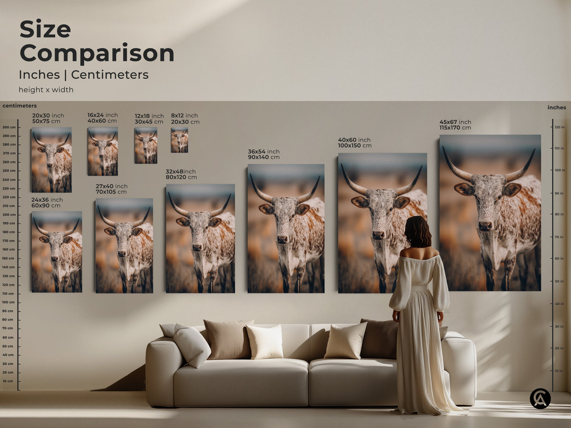 Size comparison of Longhorn Cow prints in inches and centimeters. This Texas wildlife artwork is available in various sizes. You can find the perfect fit for any space. The rustic farmhouse style complements any decor. It is ideal for adding a touch of the country to your home.