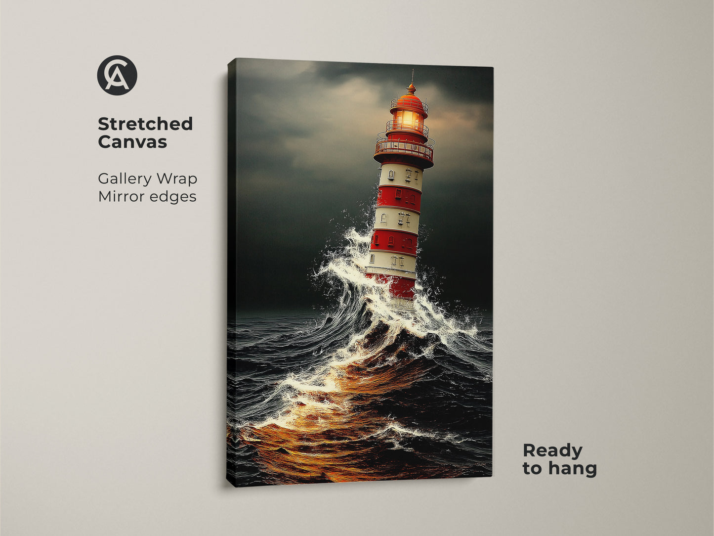 Stretched Canvas shows Coastal Nautical Wall Art with a lighthouse. Ocean waves crash around this maritime lighthouse decor. It has a red lighthouse braving a stormy sea.