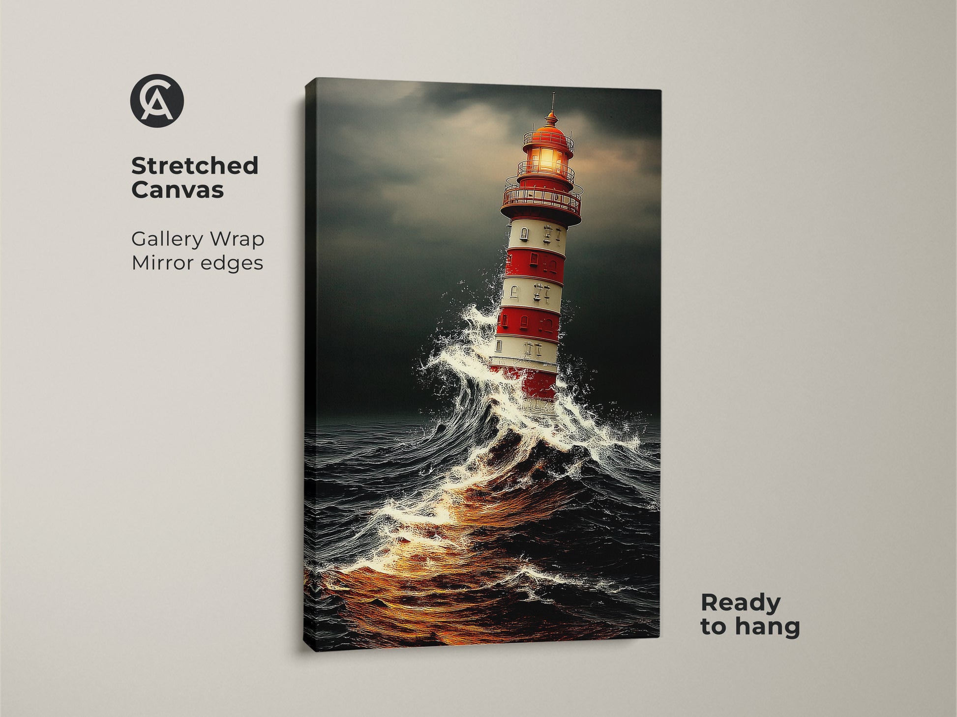 Stretched Canvas shows Coastal Nautical Wall Art with a lighthouse. Ocean waves crash around this maritime lighthouse decor. It has a red lighthouse braving a stormy sea.