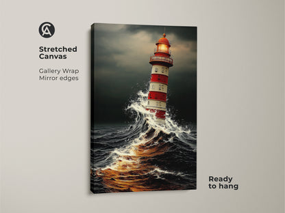Stretched Canvas shows Coastal Nautical Wall Art with a lighthouse. Ocean waves crash around this maritime lighthouse decor. It has a red lighthouse braving a stormy sea.