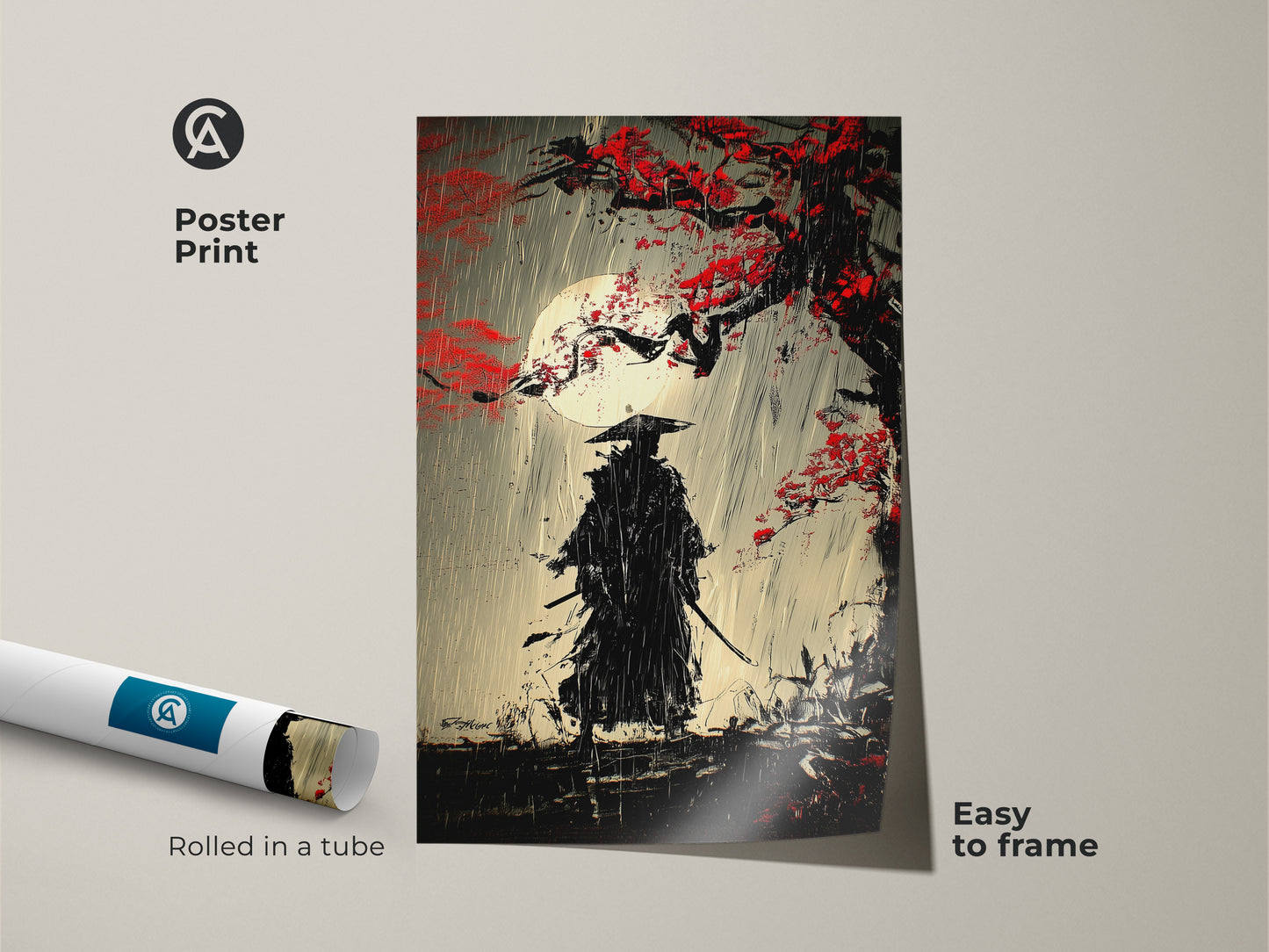 This poster print features a samurai warrior in moonlit rain. The Ukiyo-e style artwork is easy to frame. The red blossom art print is a traditional Japanese gift. This ink wash samurai artwork comes rolled in a tube. This dramatic rainy scene art is striking.