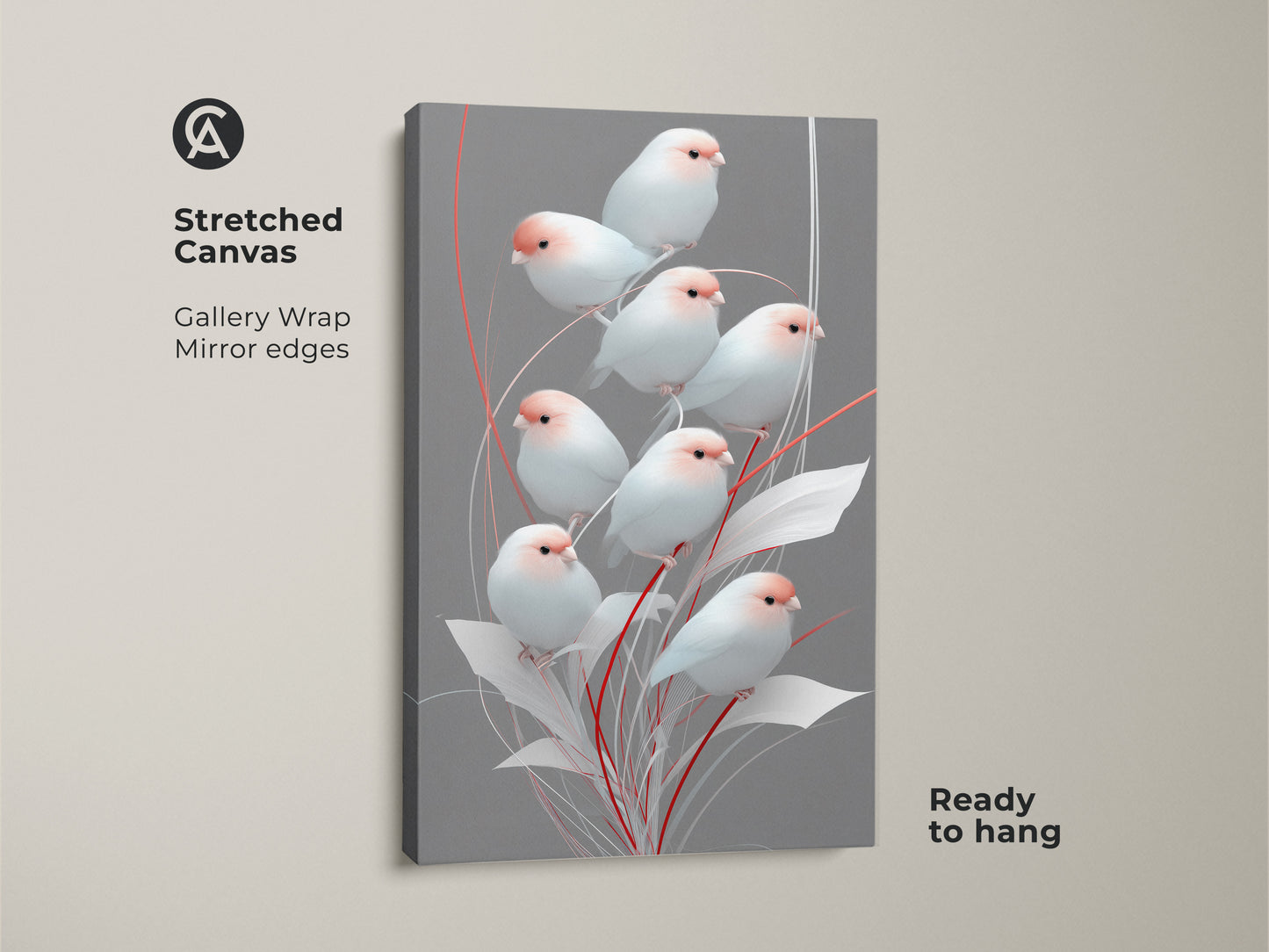 Gallery wrapped stretched canvas featuring minimalist finch artwork. Mirror edges enhance the modern folk art decor. Gray and pink botanical print brings Scandinavian style to any space Ready to hang nature-inspired artwork is perfect as a delicate housewarming gift for her.