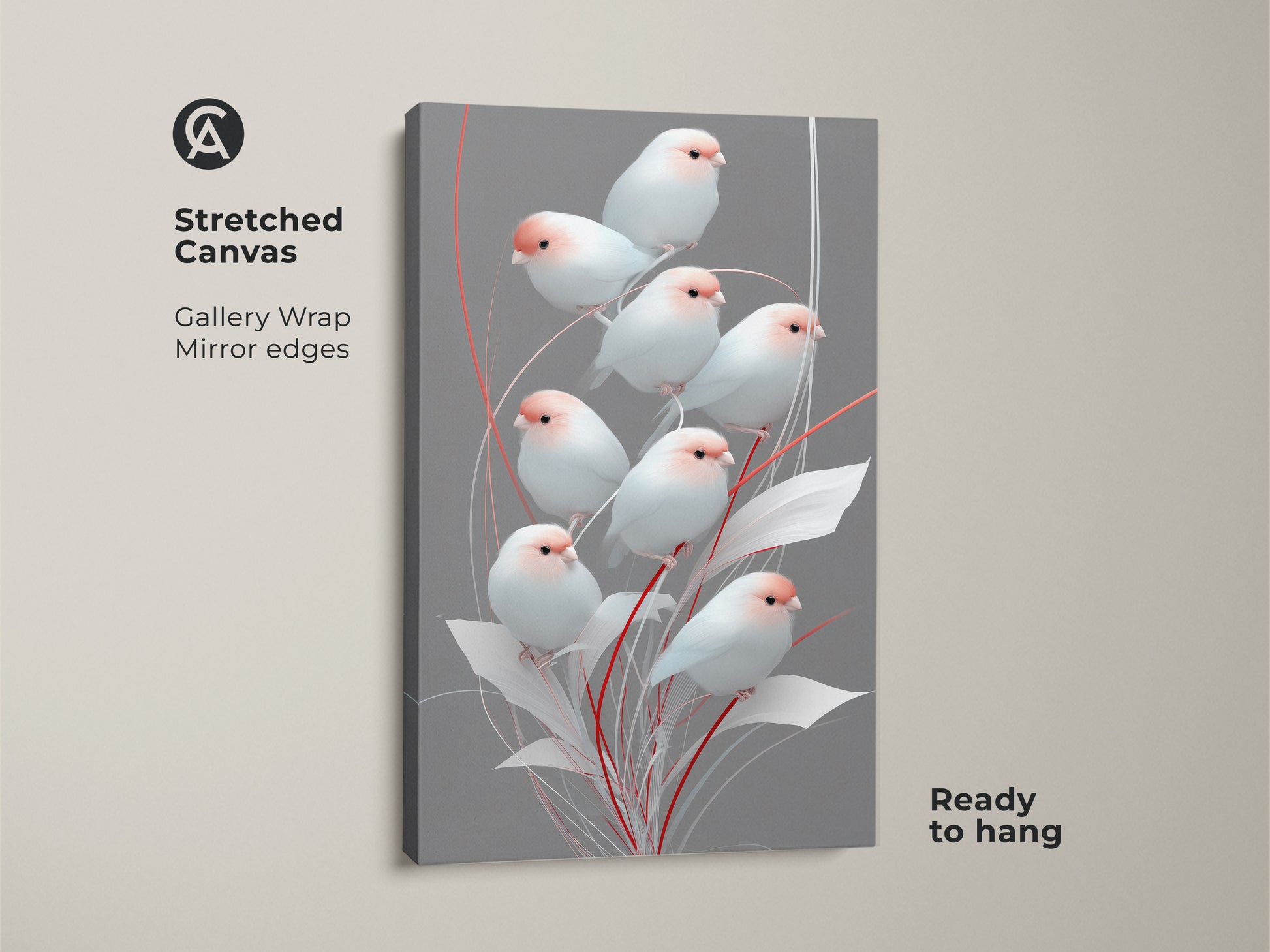 Gallery wrapped stretched canvas featuring minimalist finch artwork. Mirror edges enhance the modern folk art decor. Gray and pink botanical print brings Scandinavian style to any space Ready to hang nature-inspired artwork is perfect as a delicate housewarming gift for her.