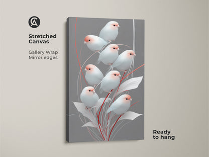Gallery wrapped stretched canvas featuring minimalist finch artwork. Mirror edges enhance the modern folk art decor. Gray and pink botanical print brings Scandinavian style to any space Ready to hang nature-inspired artwork is perfect as a delicate housewarming gift for her.