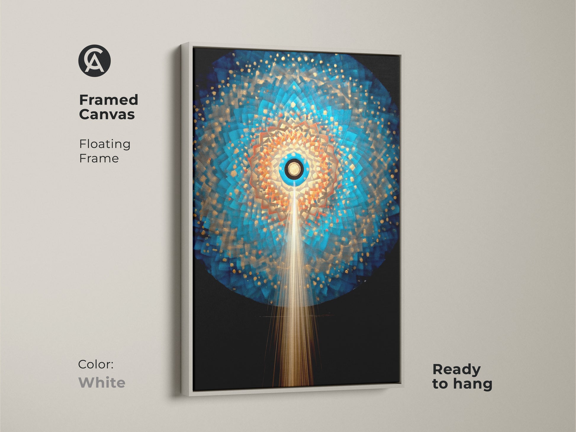 A white framed canvas showcasing a contemporary abstract. This geometric art features a deep blue and gold sunburst mandala. Spiritual decor is ready to hang this unique piece adds a modern focal point.