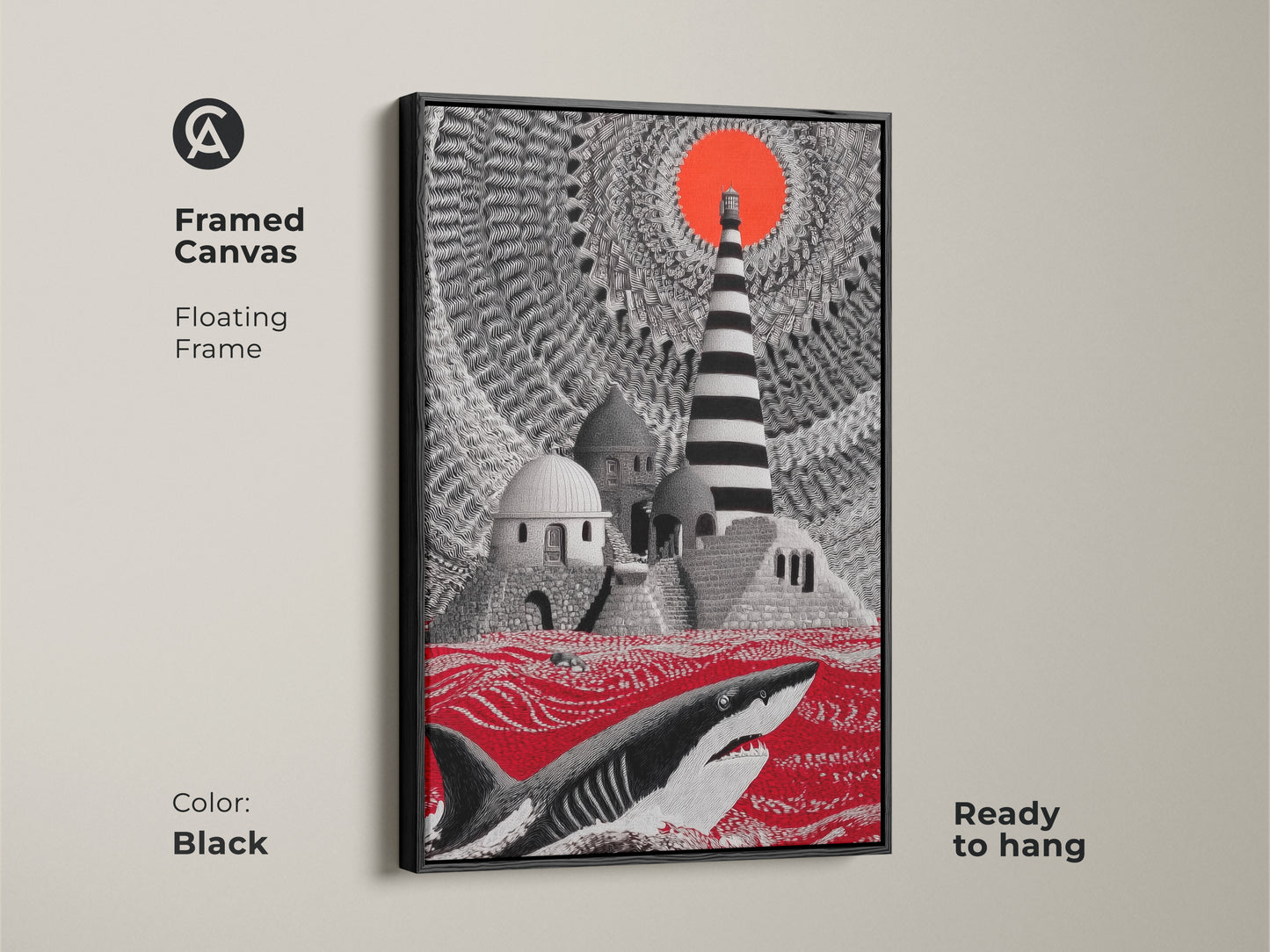 Black framed canvas showing surreal shark art. The crimson ocean canvas art includes a lighthouse offering fantasy wall decor. Ready to hang this nautical art is the perfect eclectic home decor gift.