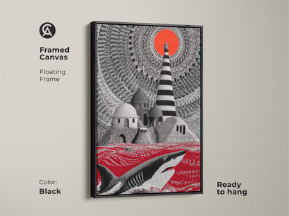 Black framed canvas showing surreal shark art. The crimson ocean canvas art includes a lighthouse offering fantasy wall decor. Ready to hang this nautical art is the perfect eclectic home decor gift.