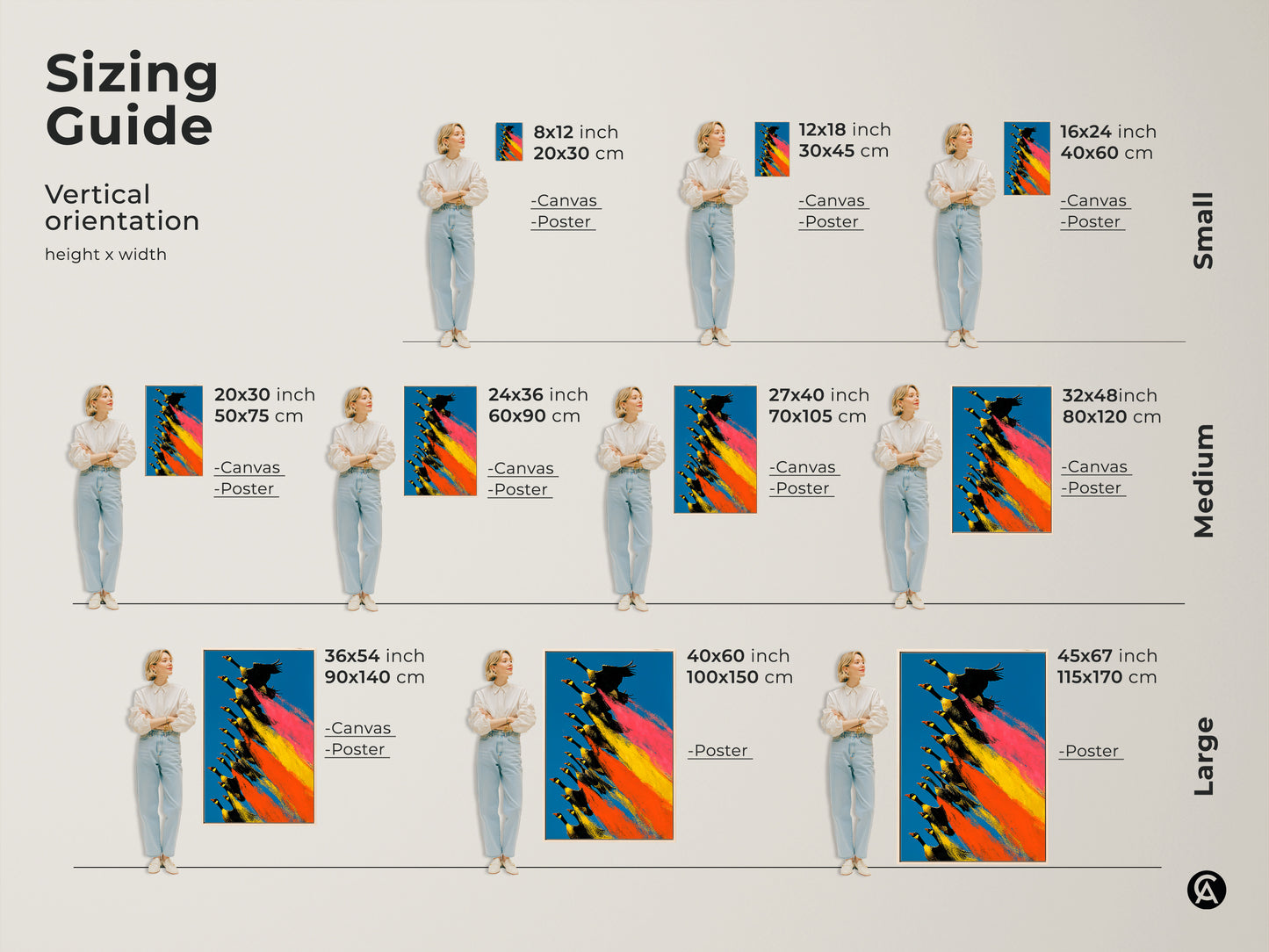Sizing guide for geese flying canvas art. Vertical artwork is displayed in small medium and large sizes. See how this blue orange yellow art fits your space. Available as canvas or poster choose the perfect size for your home.